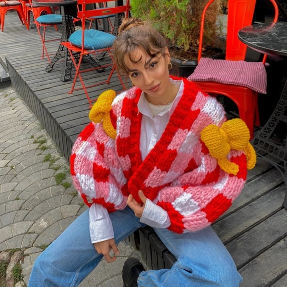 Handmade Gingham Oversized Cardigan, Crop Colossal Knit with Ribbon Details - Picture 2 of 14